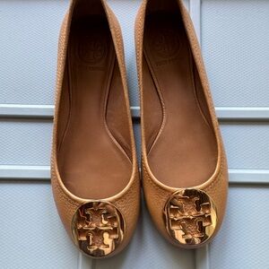 Tory Burch Tan Leather Flats with Gold Medallion